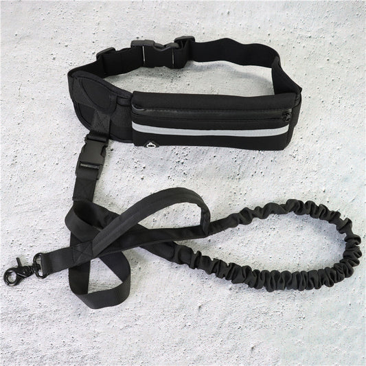 Runner wearing a hands-free dog waist belt with phone and water bottle holder