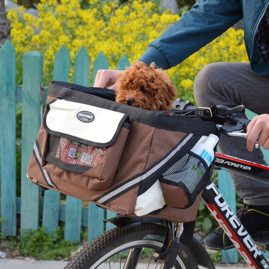 Petnki Pet Bicycle Basket Carrier mounted on a bike handlebar