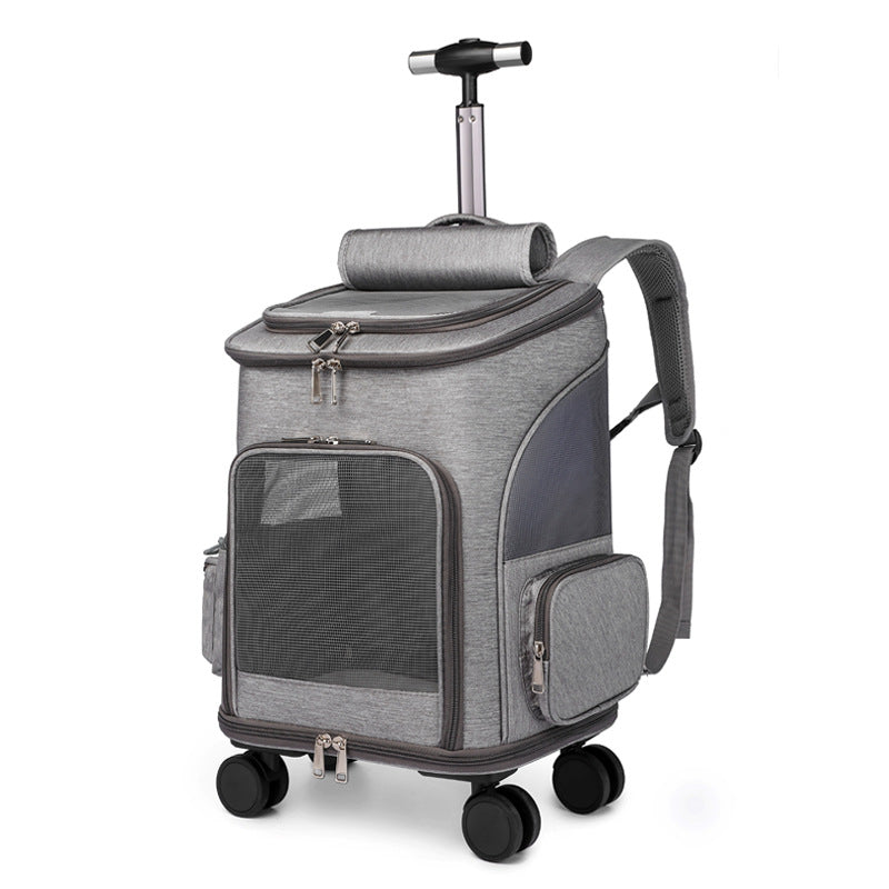 Wheeled pet travel carrier rolling through an airport