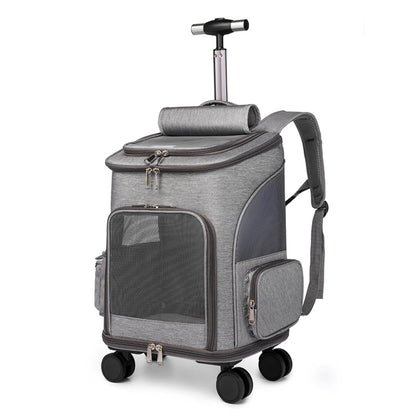 Wheeled pet travel carrier rolling through an airport