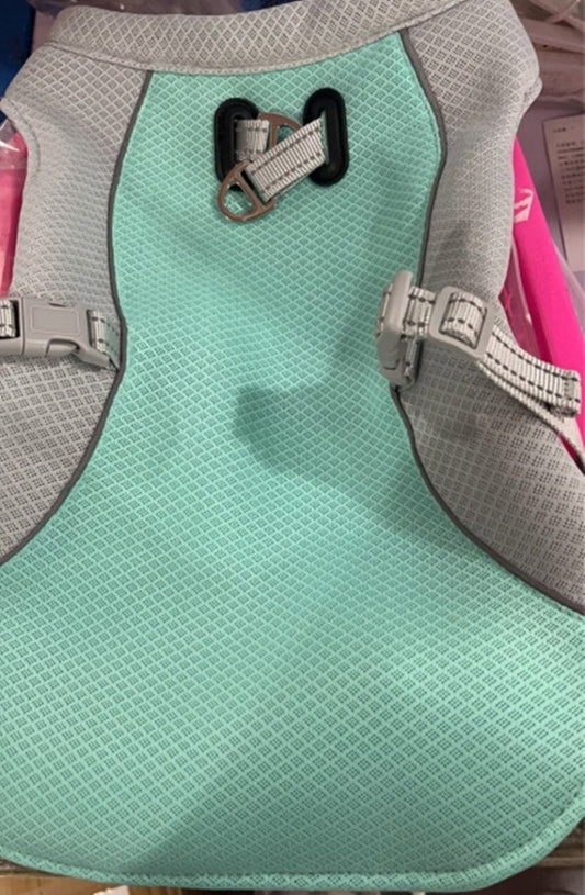Dog wearing a breathable soak-and-wear cooling vest outdoors