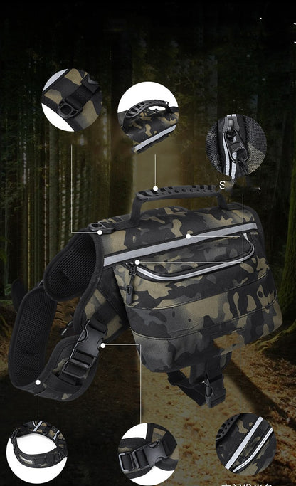 Large dog wearing a Petnki hiking backpack with side saddle bags on a trail