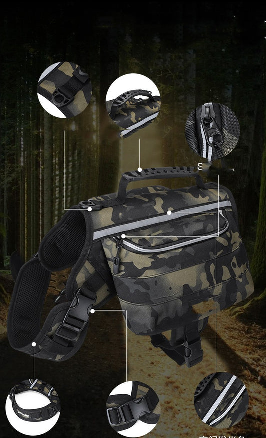 Large dog wearing a Petnki hiking backpack with side saddle bags on a trail