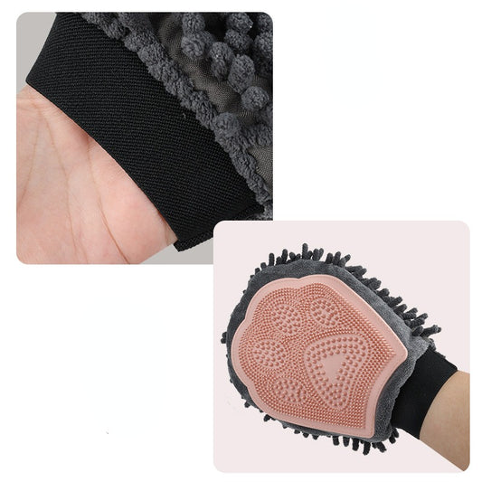Dual-sided grooming glove brushing loose fur from a dog