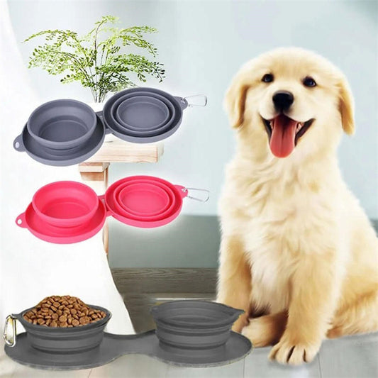 Foldable double pet bowl opened for feeding on the go