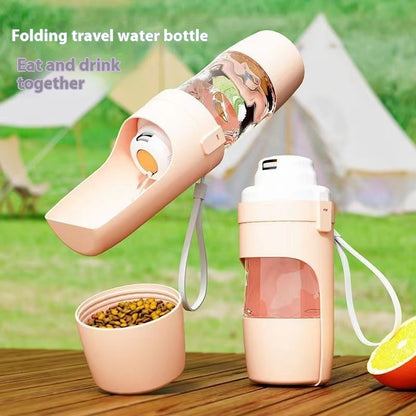 Travel dog water bottle pouring into a flip-up cup on a walk