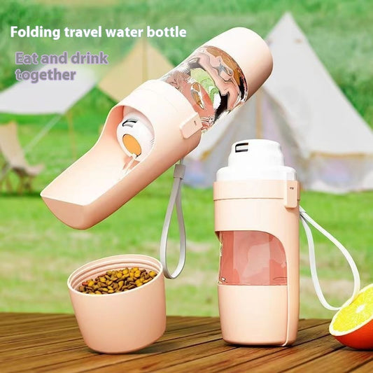 Travel dog water bottle pouring into a flip-up cup on a walk
