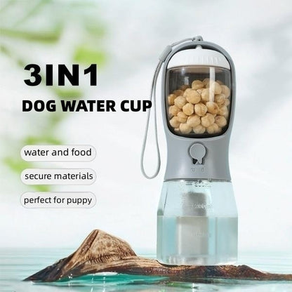 3-in-1 dog bottle showing food compartment and waste bag storage