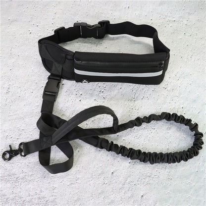 Runner wearing a hands-free dog waist belt with phone and water bottle holder
